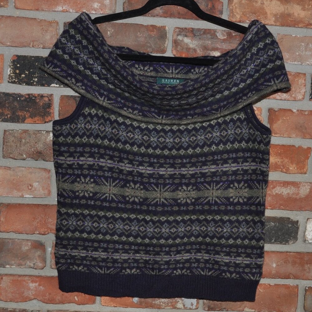 Ralph Lauren Knit Off the Shoulder Sleeveless Fair Isle Wool Cashmere Sweater L